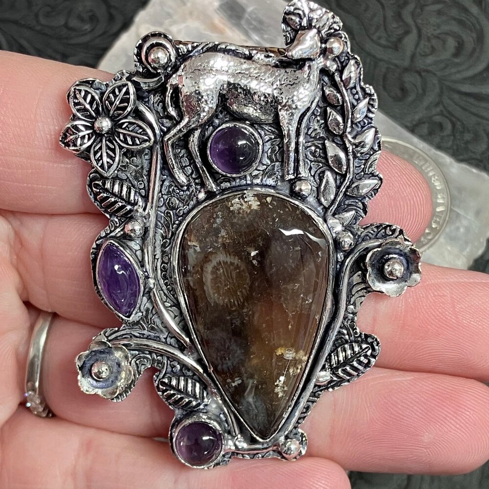 Amethyst and Agatized Coral Doe Deer Pendant Witchy Fairycore Fantasy Jewelry